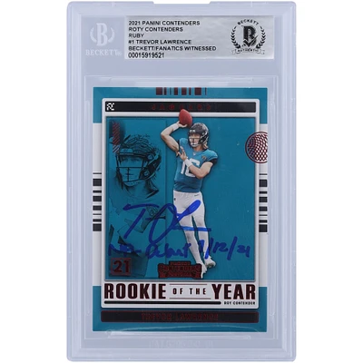Trevor Lawrence Jacksonville Jaguars Autographed 2021 Panini Contenders ROY Contenders Ruby #ROY-TLR Beckett Fanatics Witnessed Authenticated Rookie Card with "NFL Debut 9/12/21" Inscription