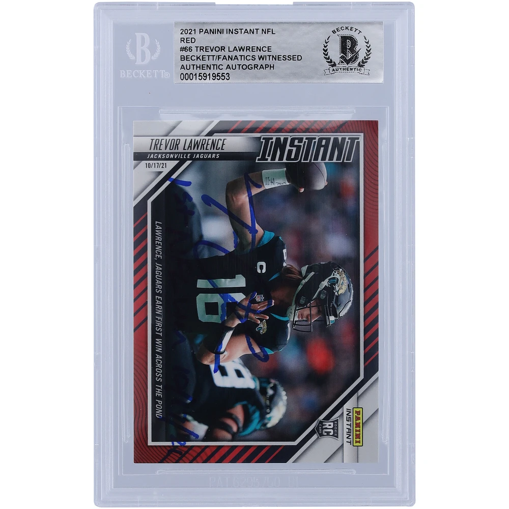 Trevor Lawrence Jacksonville Jaguars Autographed 2021 Panini Instant Red Variation #66 #/99 Beckett Fanatics Witnessed Authenticated Rookie Card with "1st NFL Win 10/17/21" Inscription