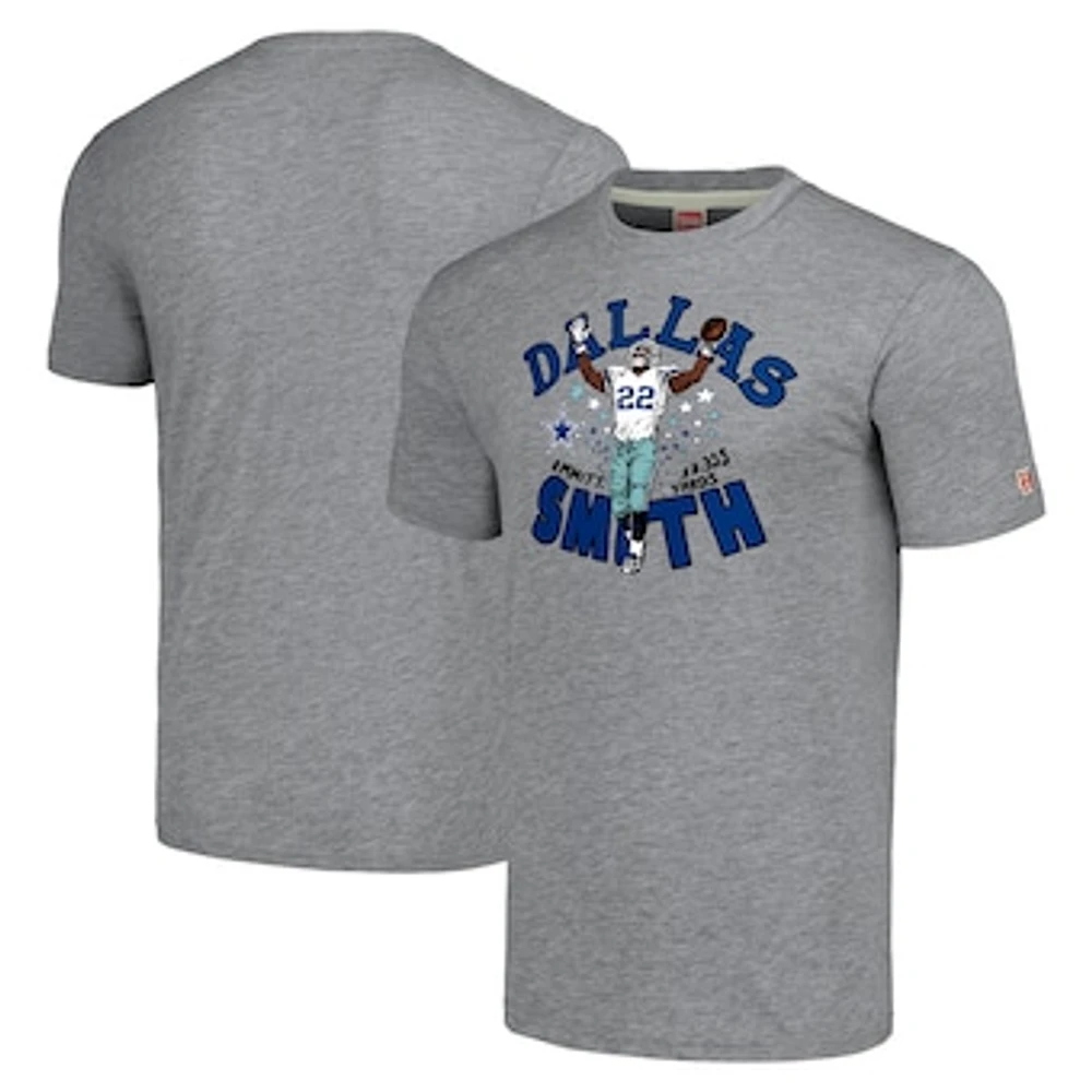 Men's Homage Emmitt Smith Heathered Gray Dallas Cowboys Caricature Retired Player Tri-Blend T-Shirt