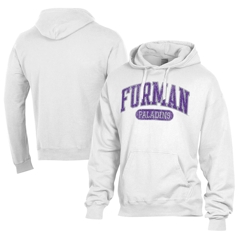 Men's Comfort Wash White Furman Paladins Lightweight Fleece Pullover Hoodie