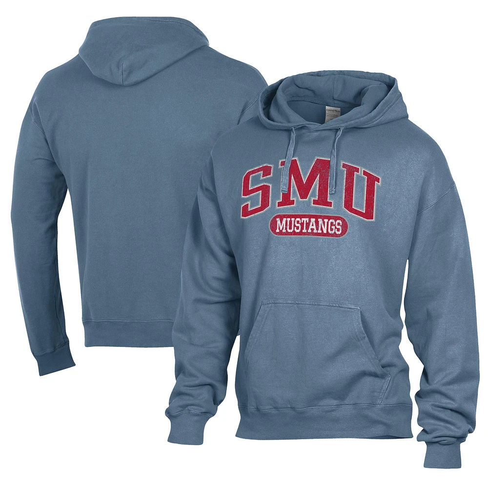 Men's Comfort Wash Blue SMU Mustangs Lightweight Fleece Pullover Hoodie