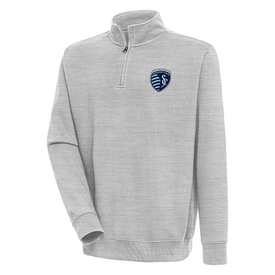 Men's Antigua Heather Gray Sporting Kansas City Victory Quarter-Zip Pullover Top