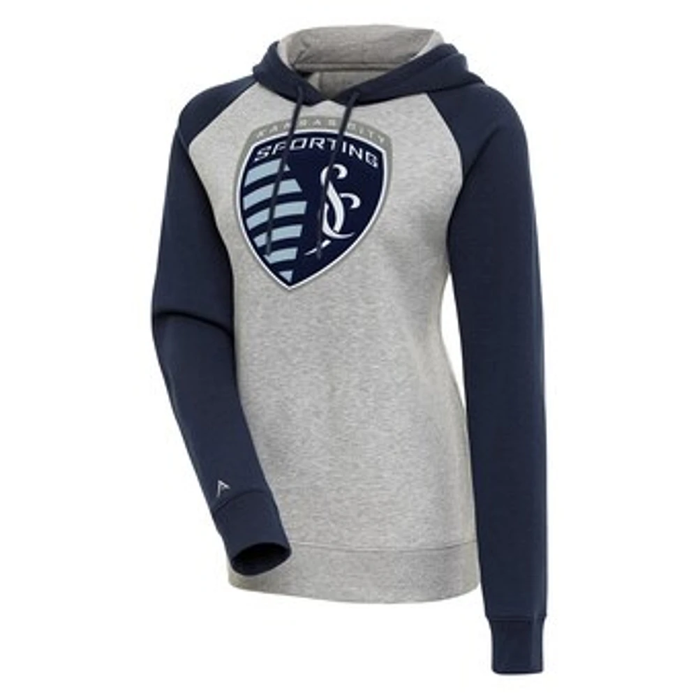 Women's Antigua Heather Gray Sporting Kansas City Victory Raglan Sleeve Pullover Hoodie