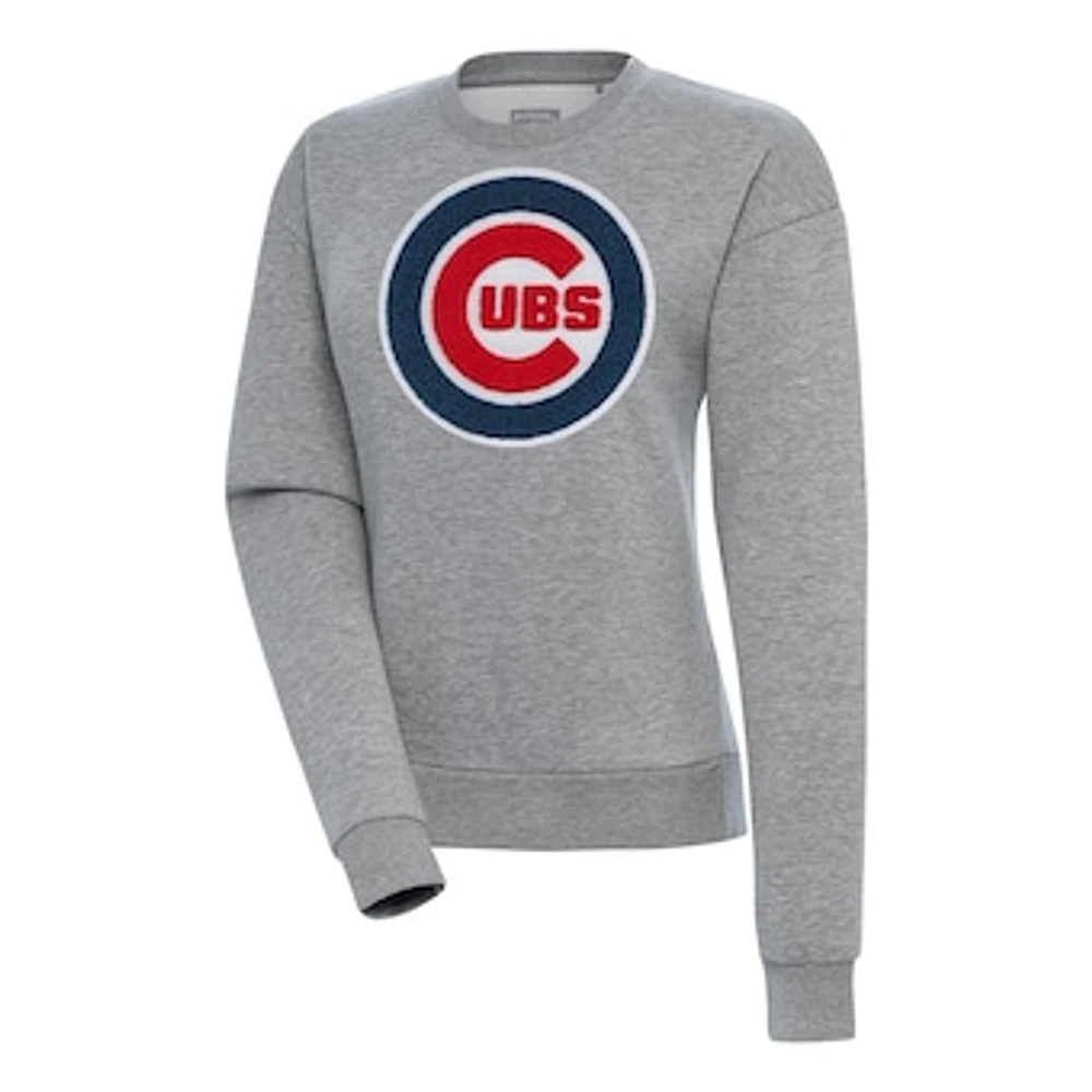 Women's Antigua Heather Gray Chicago Cubs Victory Chenille Pullover Sweatshirt