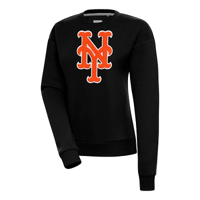 Women's Antigua Black New York Mets Victory Chenille Pullover Sweatshirt