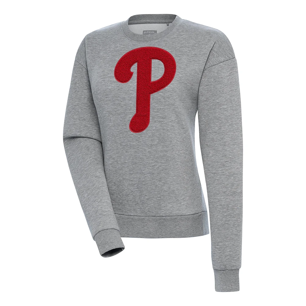 Women's Antigua Heather Gray Philadelphia Phillies Victory Chenille Pullover Sweatshirt