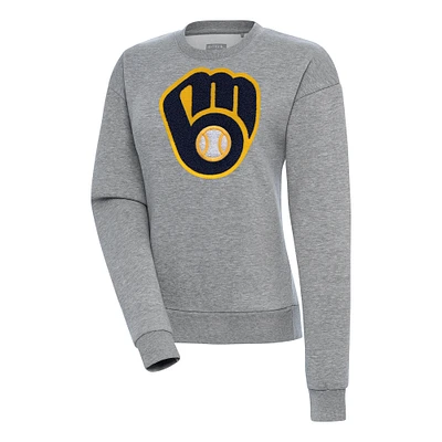 Women's Antigua Heather Gray Milwaukee Brewers Victory Chenille Pullover Sweatshirt