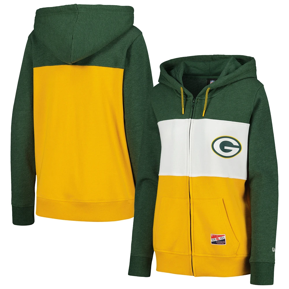 Women's New Era Green Green Bay Packers Color-Block Full-Zip Hoodie