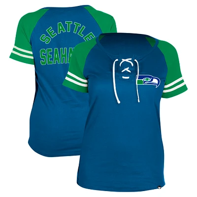 Women's New Era Royal Seattle Seahawks Throwback Lace-Up Raglan T-Shirt