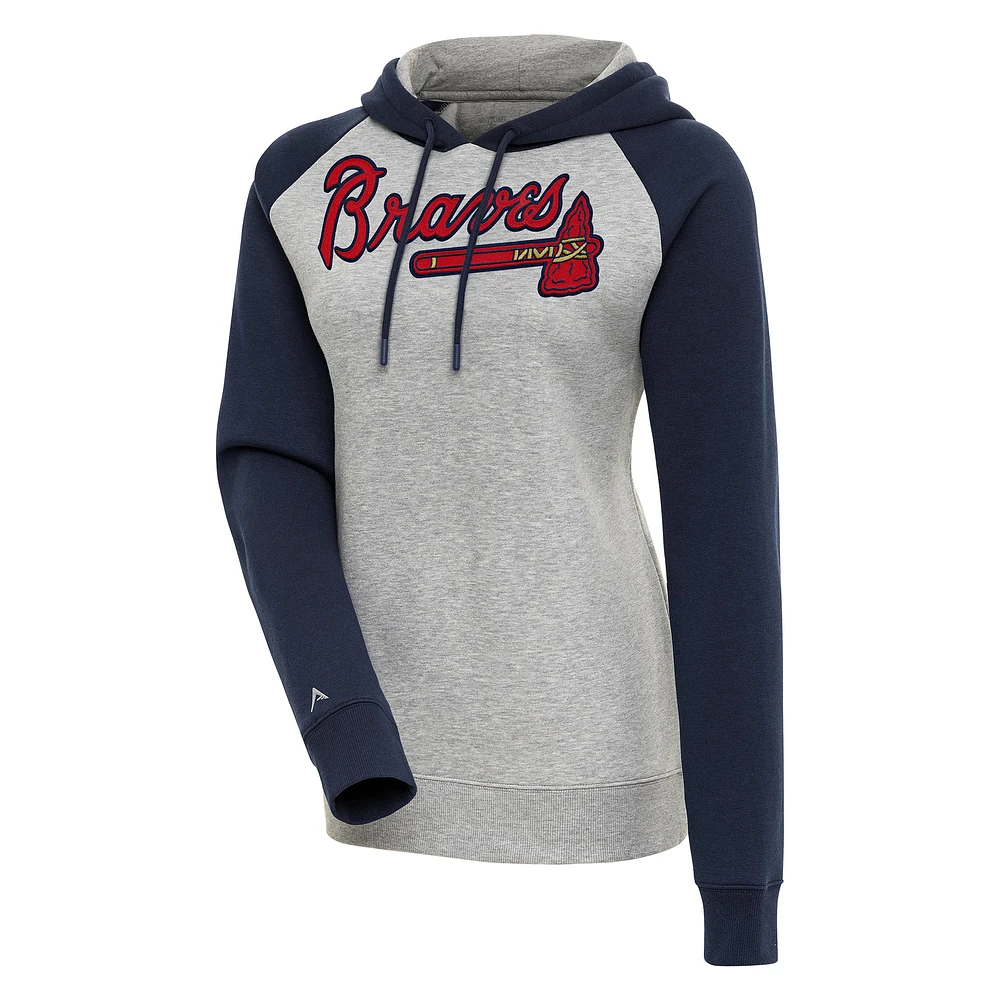 Women's Antigua Heather Gray/Navy Atlanta Braves Victory Raglan Sleeve Pullover Hoodie