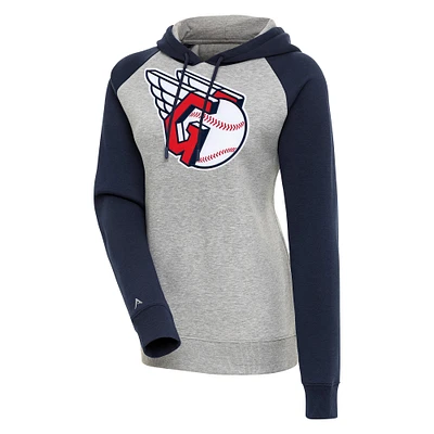 Women's Antigua Heather Gray/Navy Cleveland Guardians Victory Raglan Sleeve Pullover Hoodie