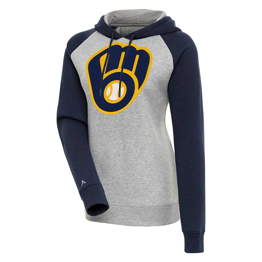 Women's Antigua Heather Gray/Navy Milwaukee Brewers Victory Raglan Sleeve Pullover Hoodie