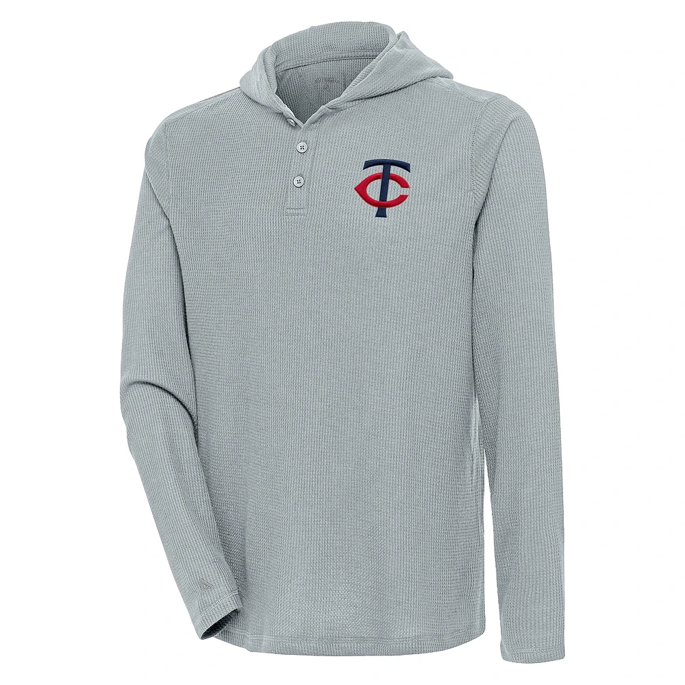 Men's Antigua Gray Minnesota Twins Strong Hold Long Sleeve Henley Hoodie T-Shirt