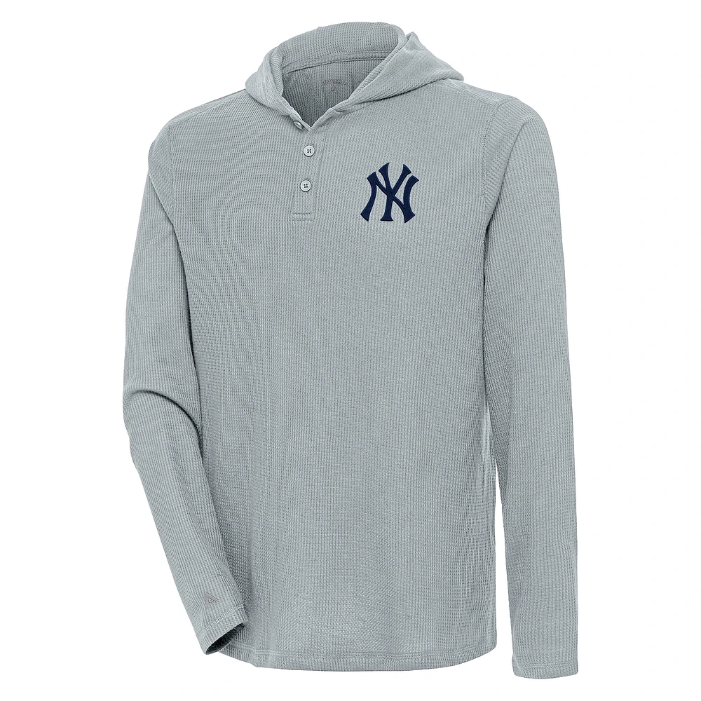 Men's Antigua Gray New York Yankees Strong Hold Long Sleeve Henley Hoodie T-Shirt