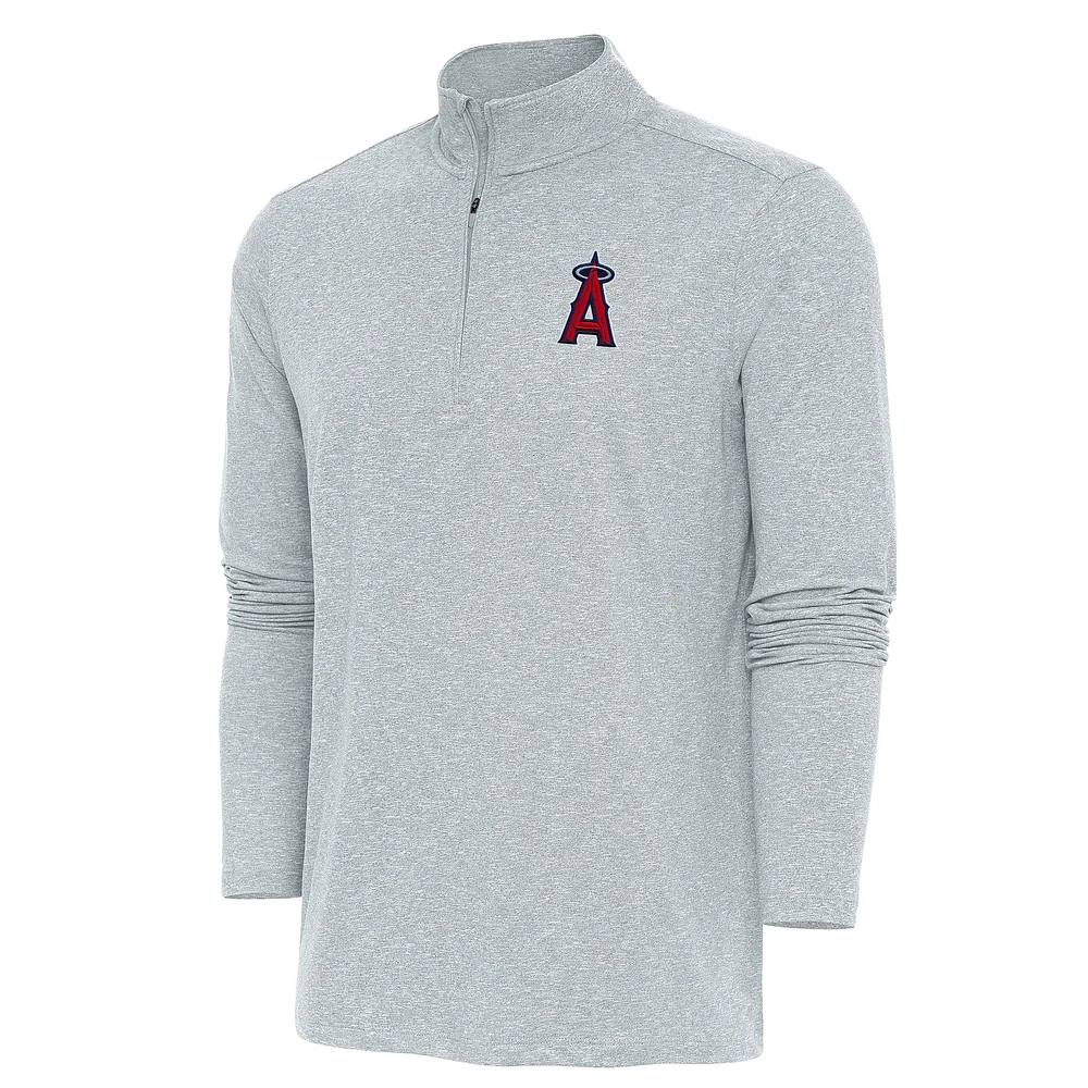 Men's Antigua Heather Gray Los Angeles Angels Hunk Quarter-Zip Pullover Top