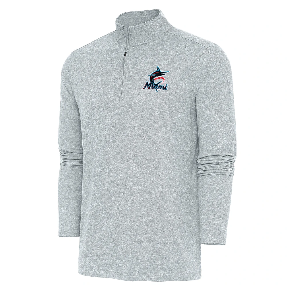 Men's Antigua Heather Miami Marlins Hunk Quarter-Zip Pullover Top