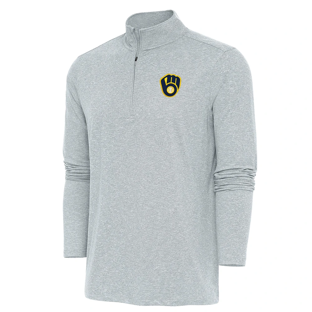 Men's Antigua Heather Milwaukee Brewers Hunk Quarter-Zip Pullover Top