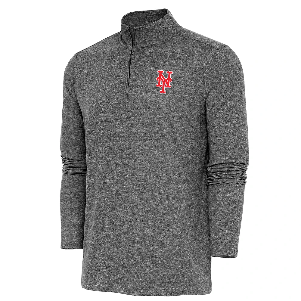 Men's Antigua Heather Black New York Mets Hunk Quarter-Zip Pullover Top