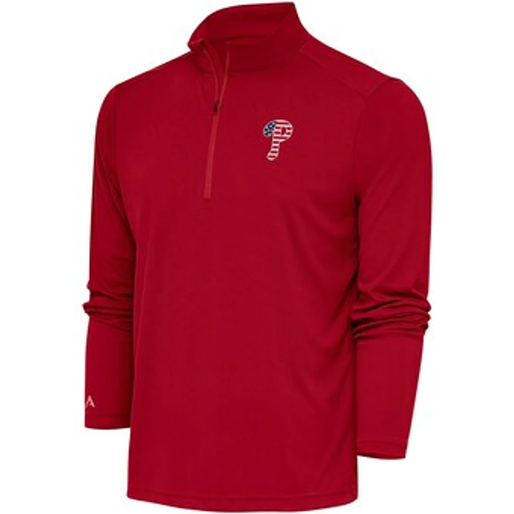 Men's Antigua Red Philadelphia Phillies Patriotic Tribute Quarter-Zip Pullover Top