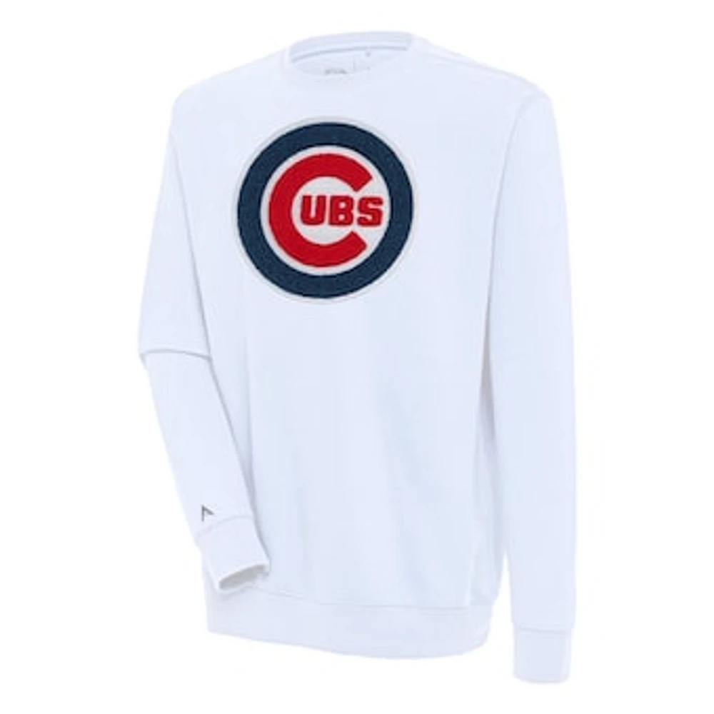Men's Antigua White Chicago Cubs Victory Crewneck Chenille Pullover Sweatshirt