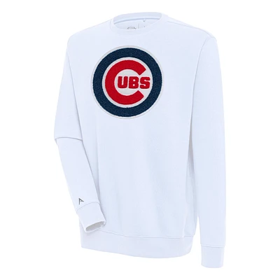 Men's Antigua White Chicago Cubs Victory Crewneck Chenille Pullover Sweatshirt