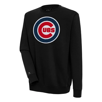 Men's Antigua Black Chicago Cubs Victory Crewneck Chenille Pullover Sweatshirt