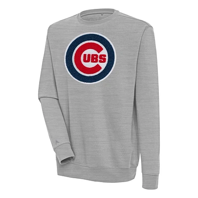 Men's Antigua Heather Gray Chicago Cubs Victory Crewneck Chenille Pullover Sweatshirt