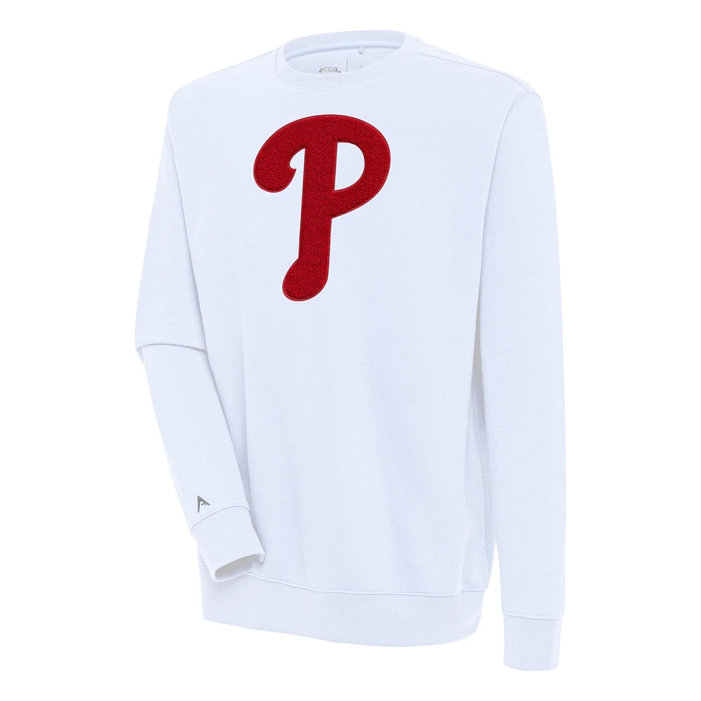 Men's Antigua White Philadelphia Phillies Victory Crewneck Chenille Pullover Sweatshirt