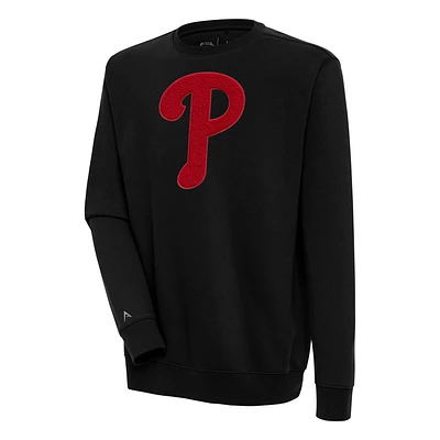 Men's Antigua Black Philadelphia Phillies Victory Crewneck Chenille Pullover Sweatshirt