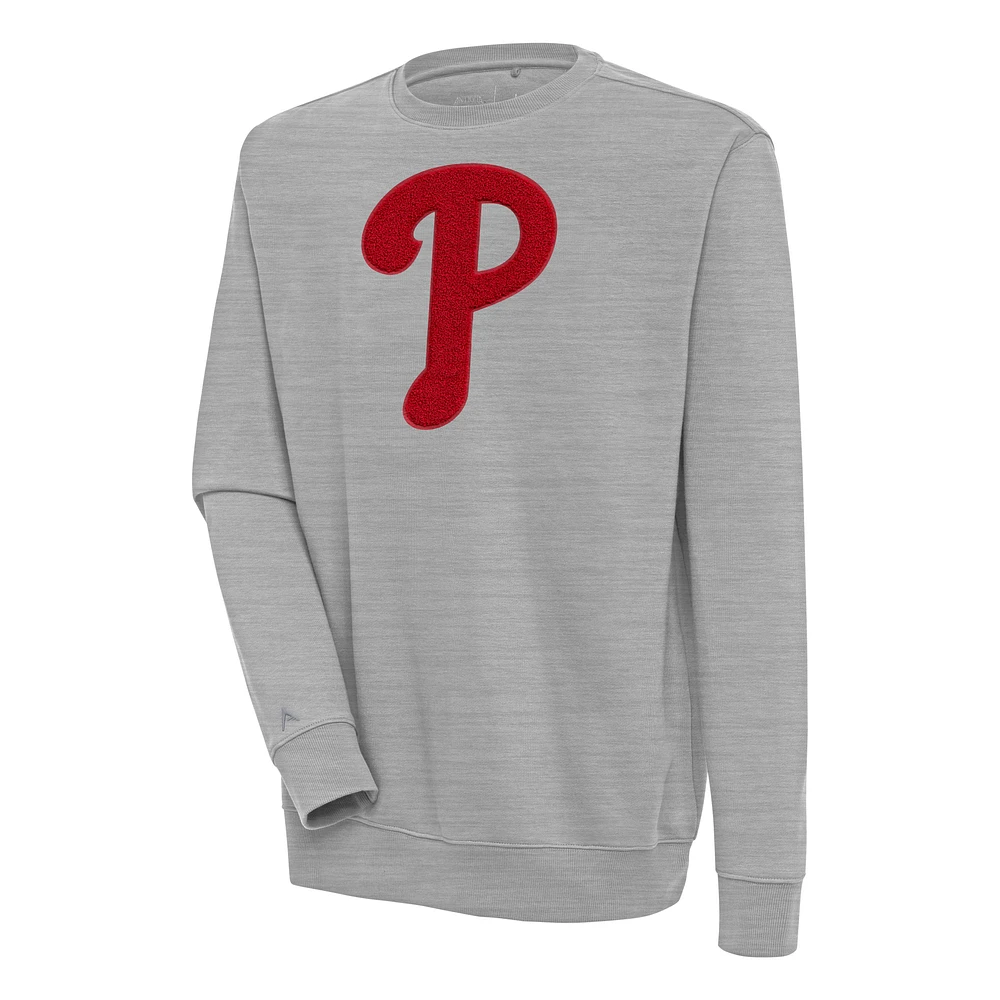 Men's Antigua Heather Gray Philadelphia Phillies Victory Crewneck Chenille Pullover Sweatshirt