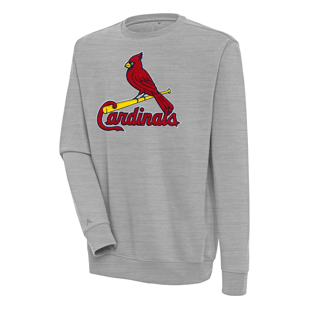Men's Antigua Heather Gray St. Louis Cardinals Victory Crewneck Chenille Pullover Sweatshirt