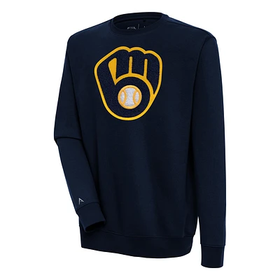 Men's Antigua Navy Milwaukee Brewers Victory Crewneck Chenille Pullover Sweatshirt