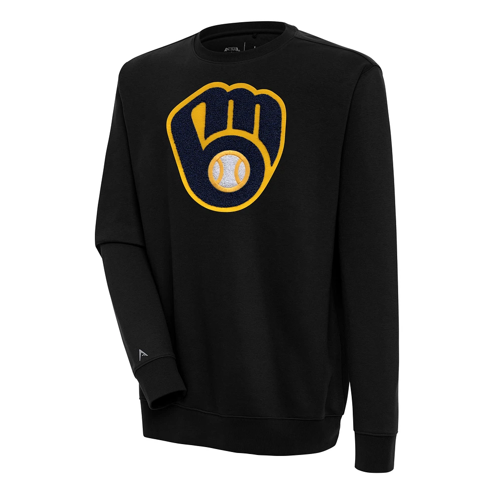 Men's Antigua Black Milwaukee Brewers Victory Crewneck Chenille Pullover Sweatshirt