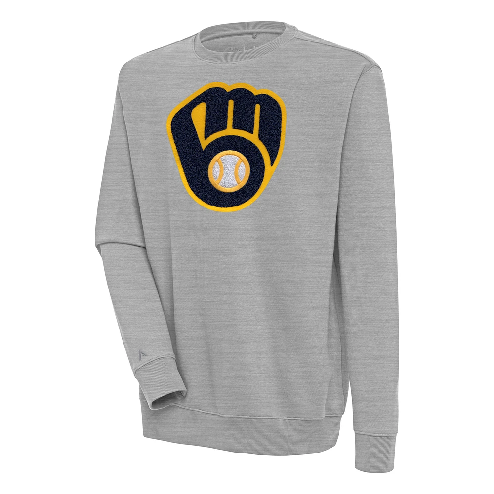 Men's Antigua Heather Gray Milwaukee Brewers Victory Crewneck Chenille Pullover Sweatshirt