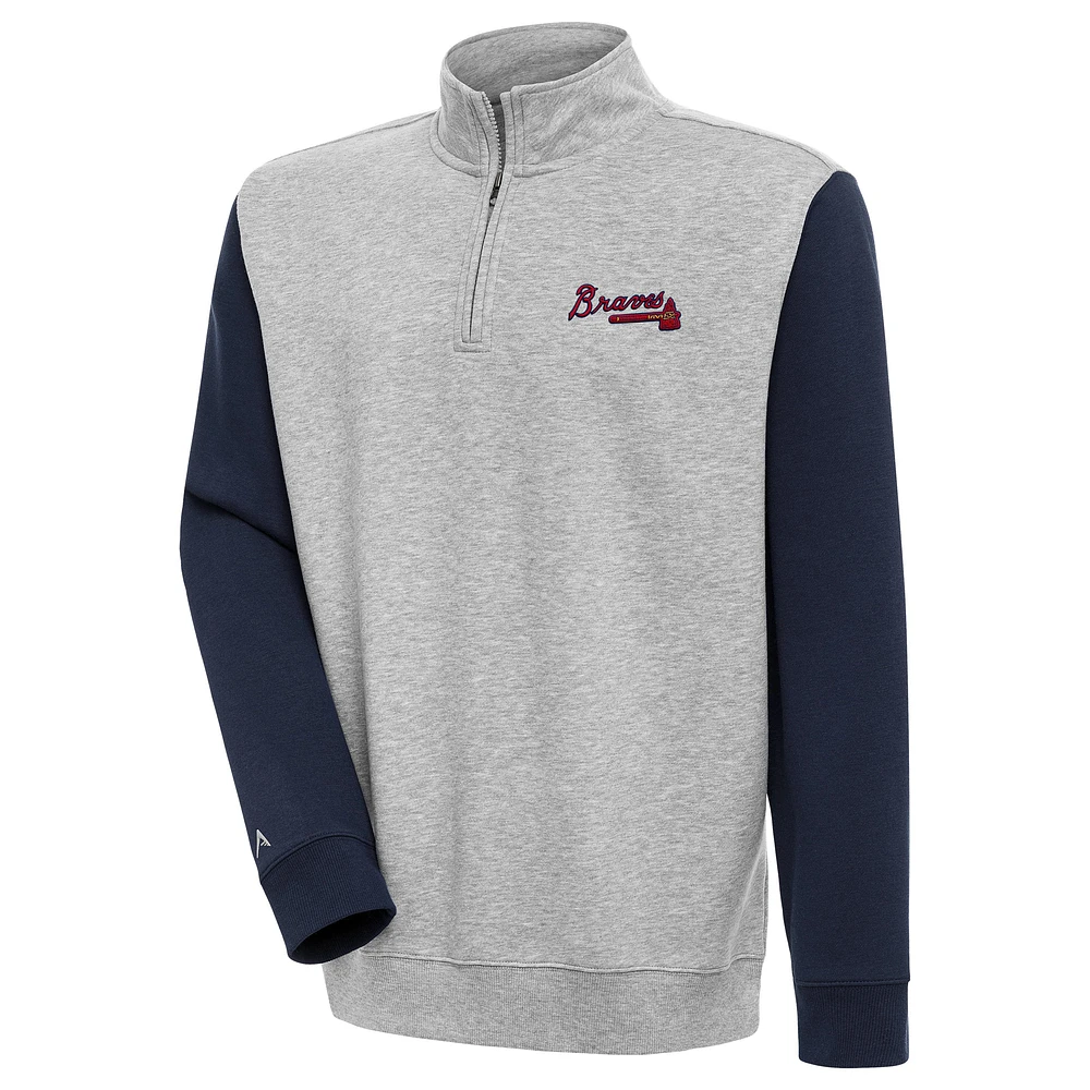 Men's Antigua Heather Gray/Navy Atlanta Braves Victory Colorblock Quarter-Zip Pullover Top