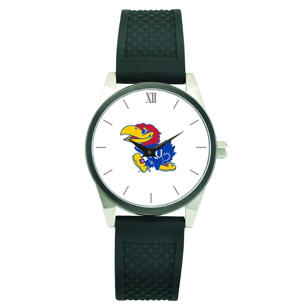 Men's Silver Kansas Jayhawks Black Silicone Strap Wristwatch