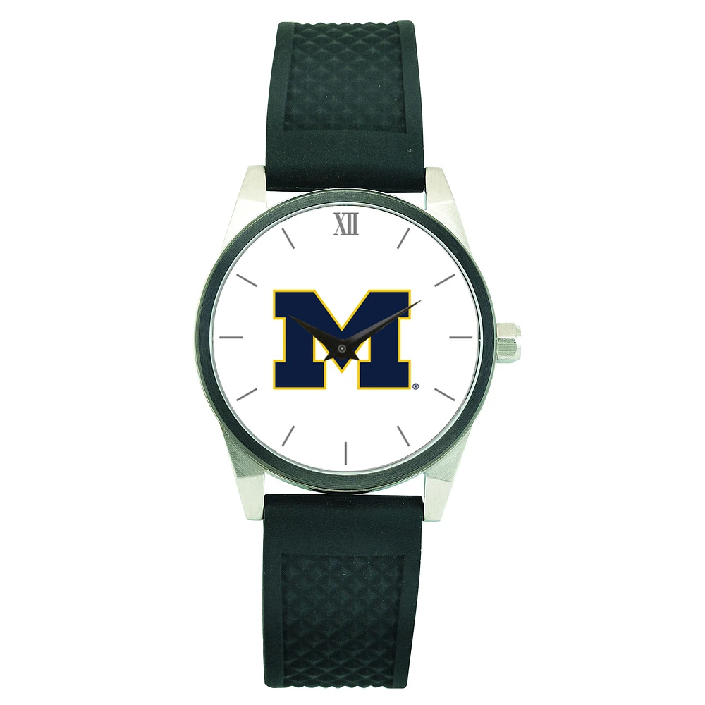 Men's Silver Michigan Wolverines Black Silicone Strap Wristwatch