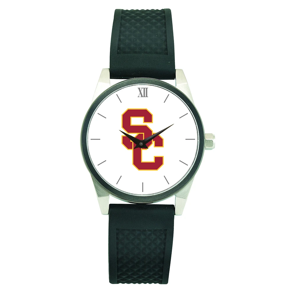 Men's Silver USC Trojans Black Silicone Strap Wristwatch