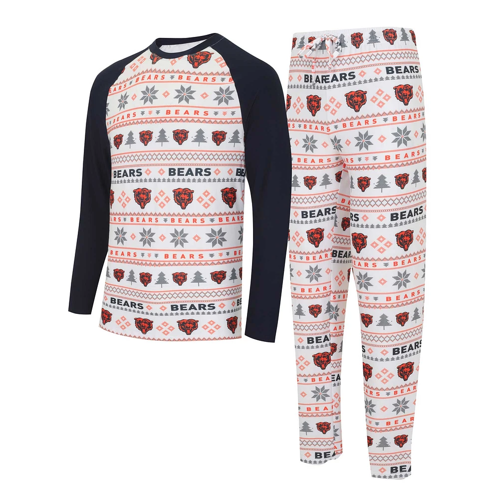 Men's Concepts Sport White/Navy Chicago Bears Tinsel Raglan Long Sleeve Top & Pants Sleep Set