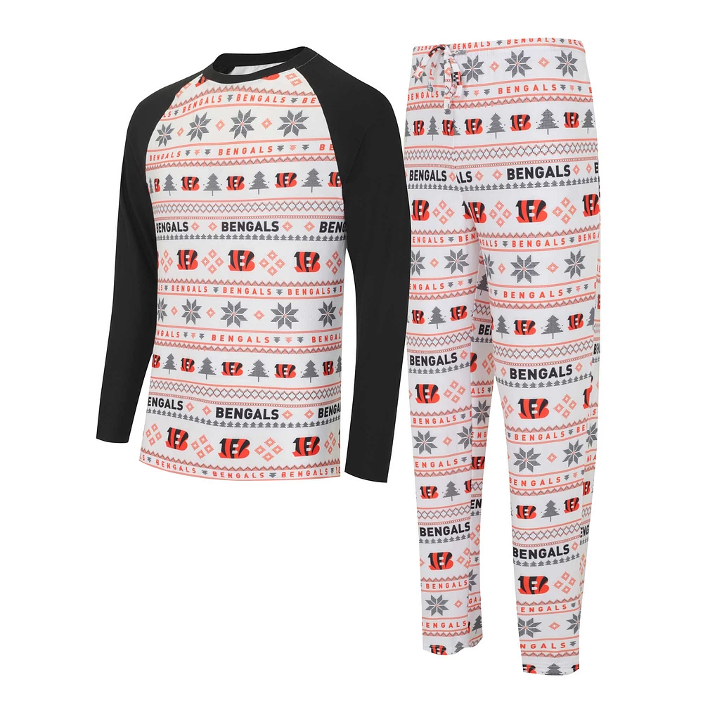 Men's Concepts Sport White/Black Cincinnati Bengals Tinsel Raglan Long Sleeve Top & Pants Sleep Set