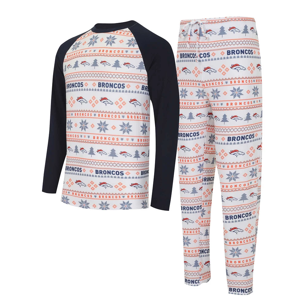 Men's Concepts Sport White/Navy Denver Broncos Tinsel Raglan Long Sleeve Top & Pants Sleep Set