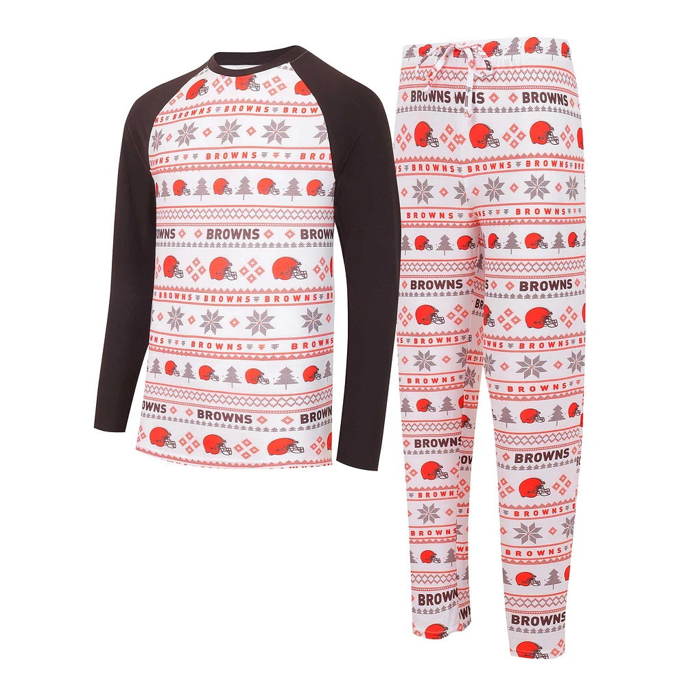 Men's Concepts Sport White/Brown Cleveland Browns Tinsel Raglan Long Sleeve Top & Pants Sleep Set