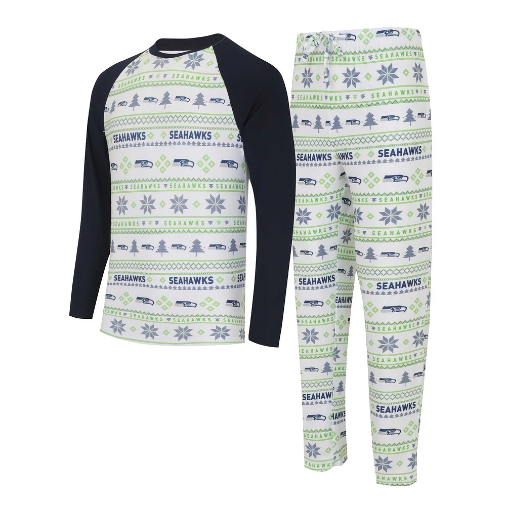 Men's Concepts Sport White/Navy Seattle Seahawks Tinsel Raglan Long Sleeve Top & Pants Sleep Set