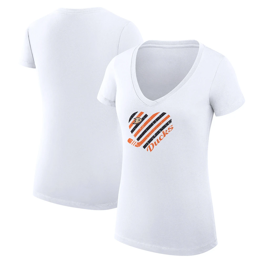 Women's G-III 4Her by Carl Banks White Anaheim Ducks Super-Slim Fit Lightweight Heart V-Neck T-Shirt