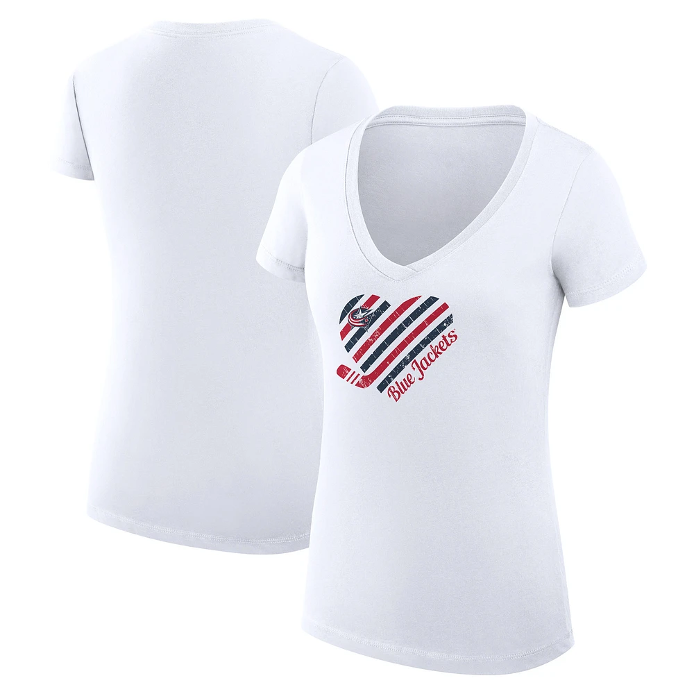 Women's G-III 4Her by Carl Banks White Columbus Blue Jackets Super-Slim Fit Lightweight Heart V-Neck T-Shirt