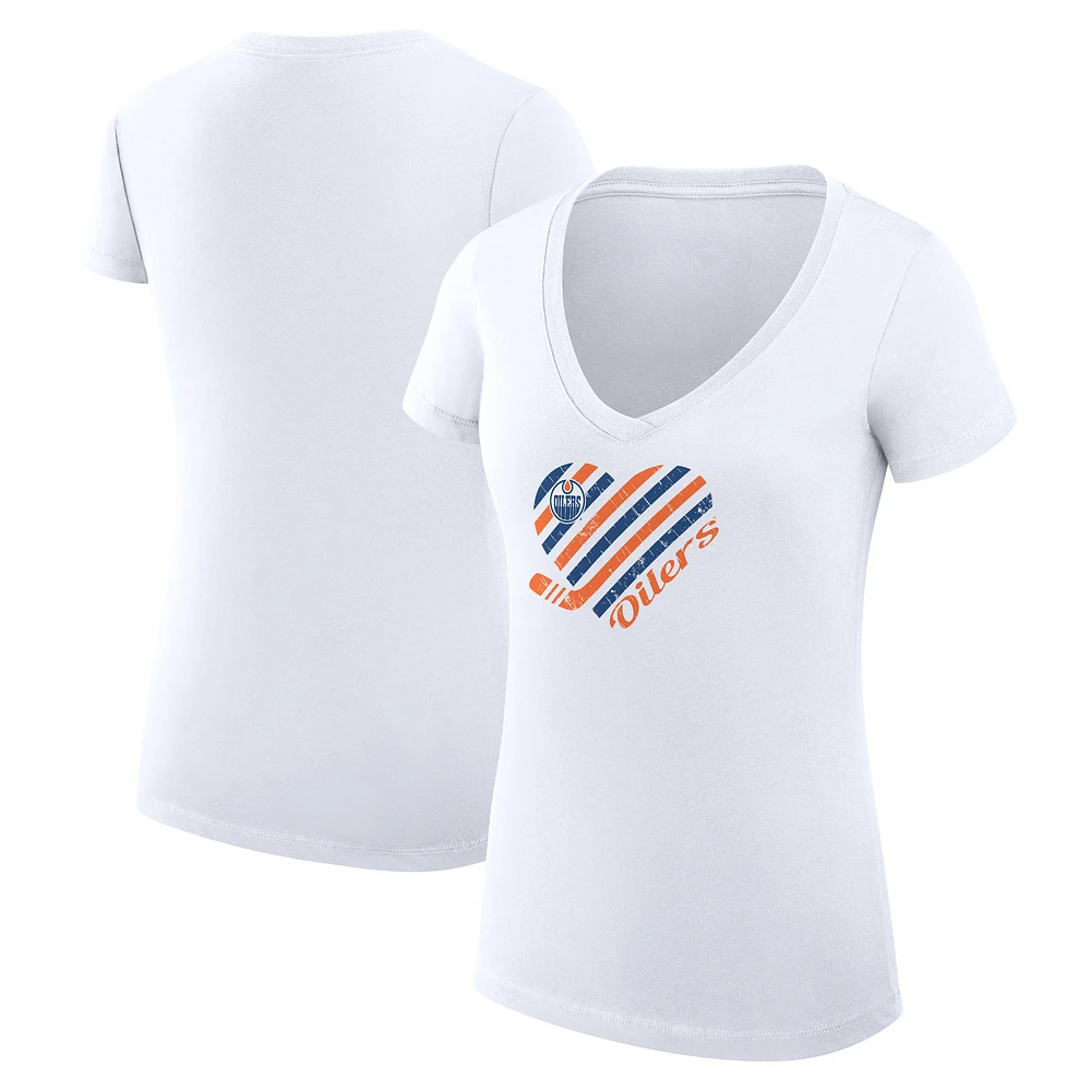 Women's G-III 4Her by Carl Banks White Edmonton Oilers Super-Slim Fit Lightweight Heart V-Neck T-Shirt
