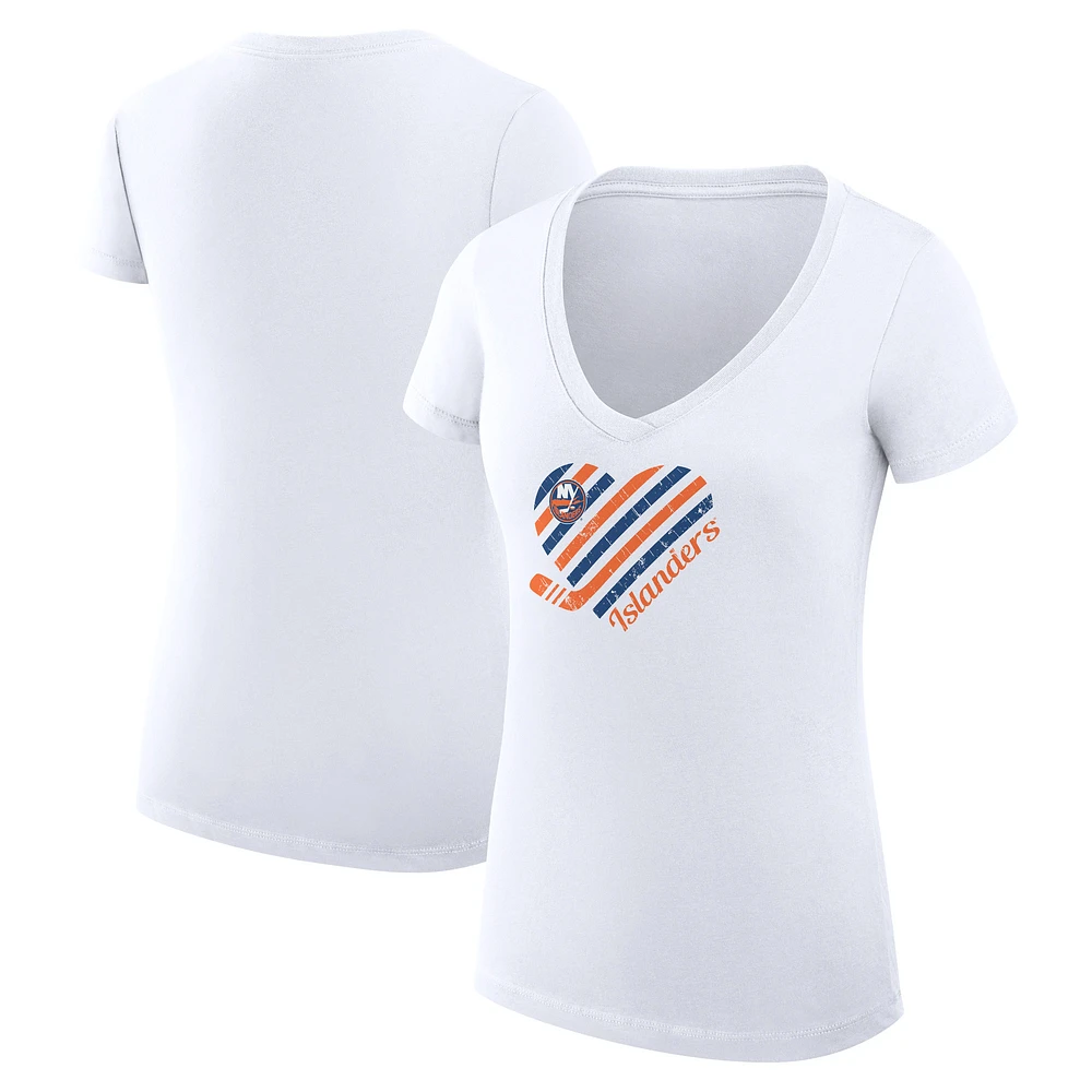 Women's G-III 4Her by Carl Banks White New York Islanders Super-Slim Fit Lightweight Heart V-Neck T-Shirt