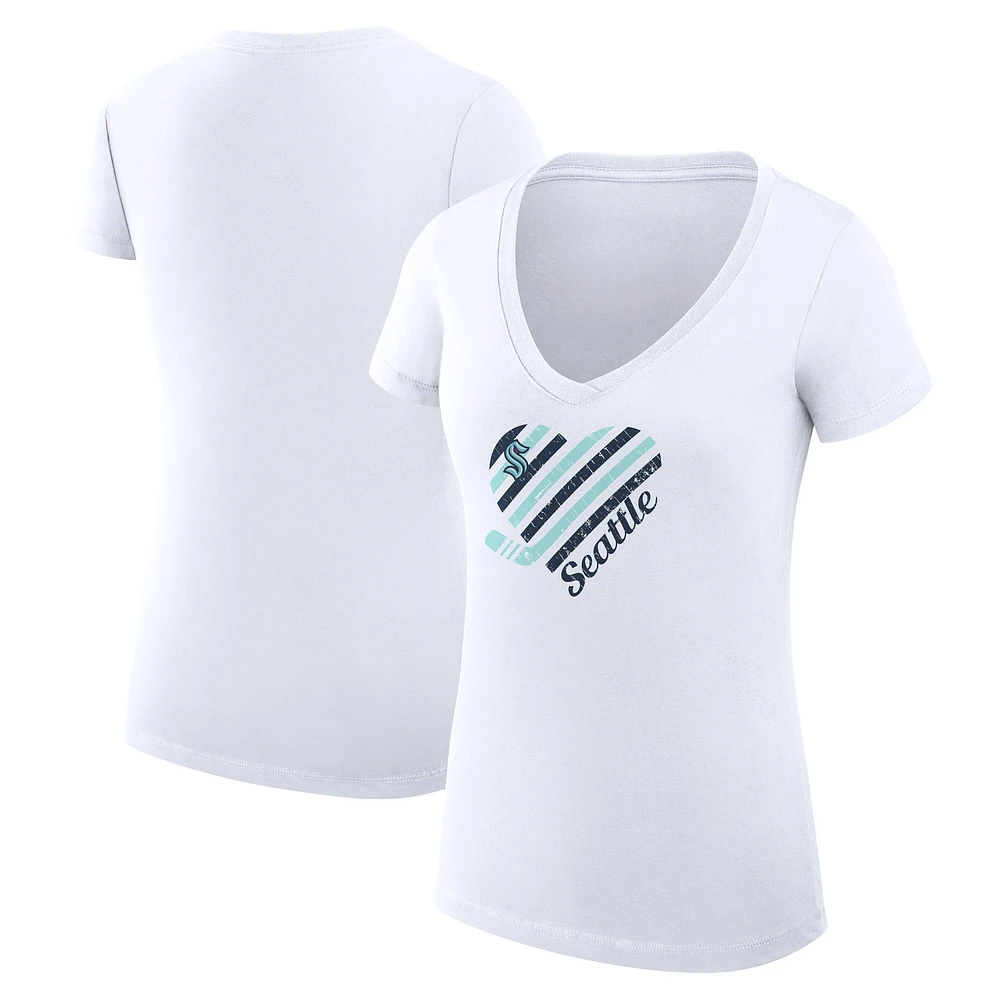 Women's G-III 4Her by Carl Banks White Seattle Kraken Super-Slim Fit Lightweight Heart V-Neck T-Shirt