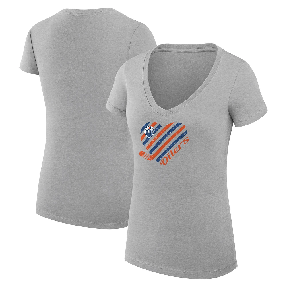 Women's G-III 4Her by Carl Banks Heather Gray Edmonton Oilers Super-Slim Fit Lightweight Heart V-Neck T-Shirt