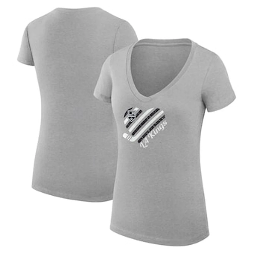 Women's G-III 4Her by Carl Banks Heather Gray Los Angeles Kings Super-Slim Fit Lightweight Heart V-Neck T-Shirt